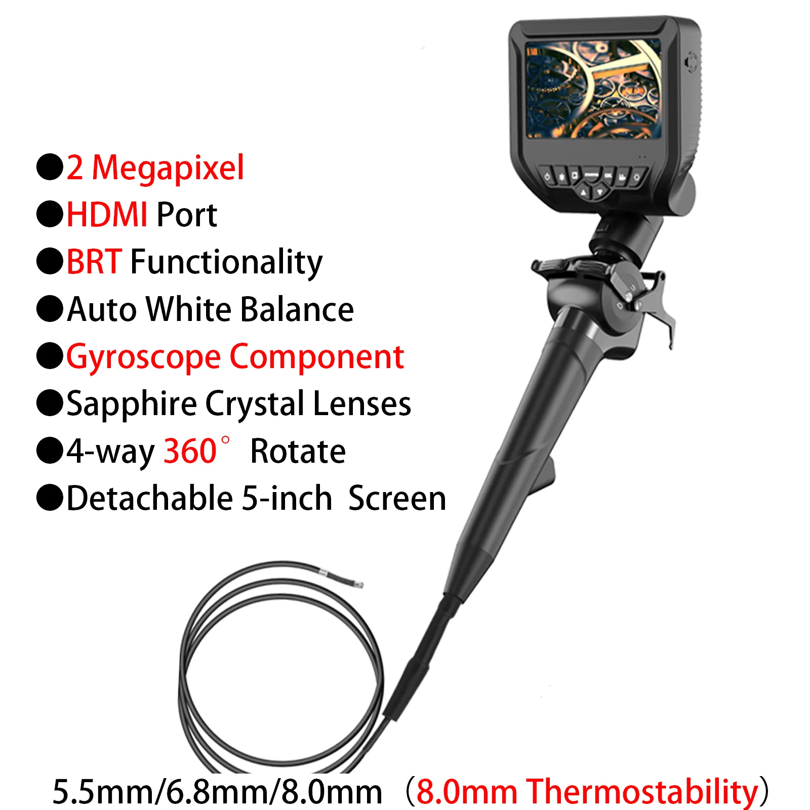 360 Degree Articulating Borescope 1080P 5.5mm Endoscope BRT Function Auto White Balance HDMI Transmission 1.5M 360 Degree Articulating Borescope 1080P 5.5mm Endoscope BRT Function Auto White Balance HDMI Transmission 1.5M